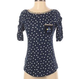 Anthropologie Postmark Letter A Navy Cotton Ruched Polka Dot Tee XS NWOT
